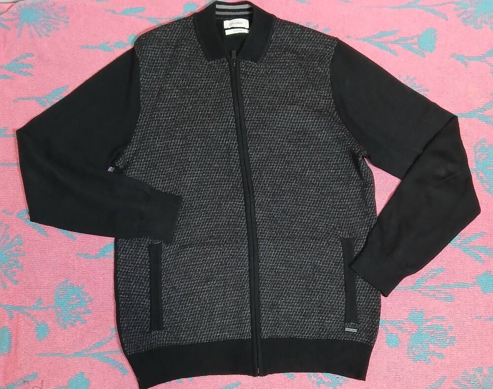 Calvin Klein mens small sweater black gray full zip Italian merino wool